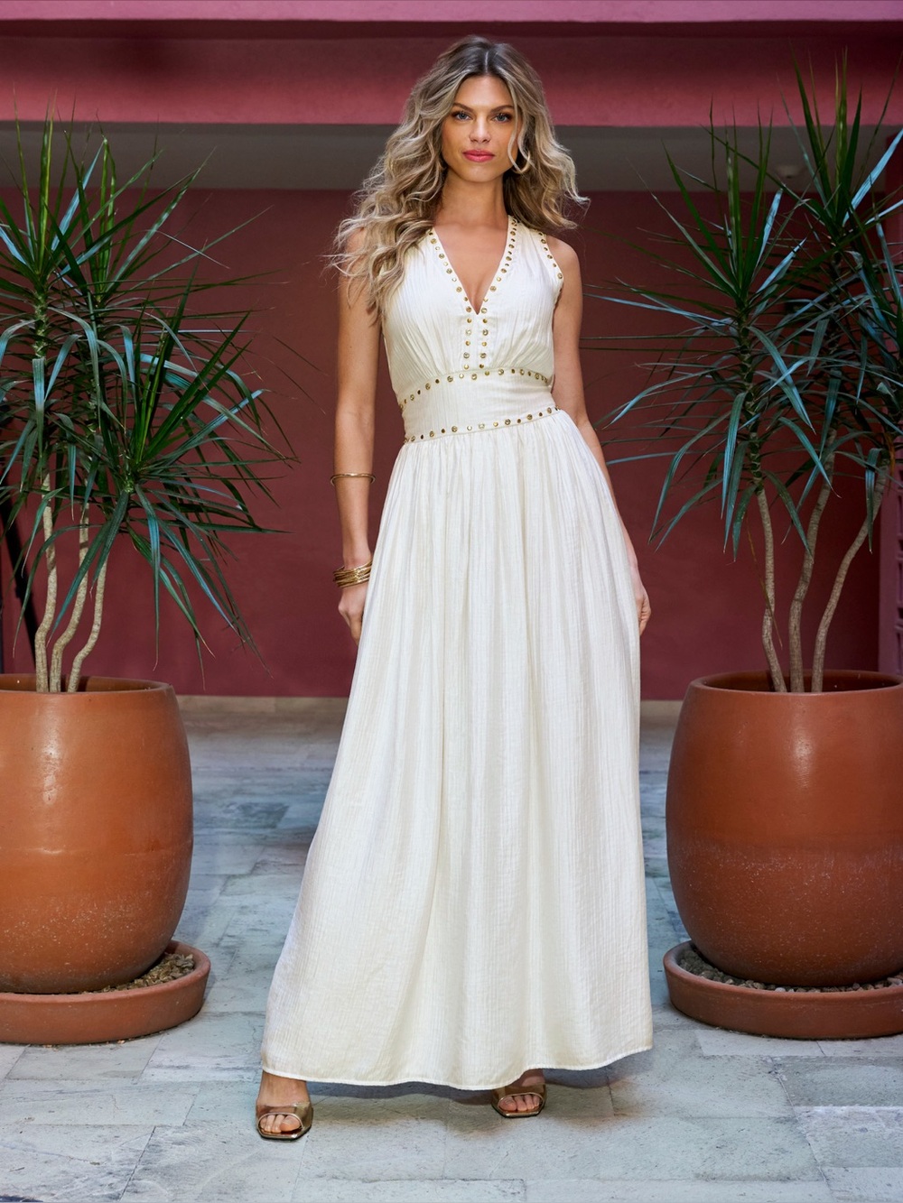 Crystal Grommet Trim Sheen Gauze Maxi Dress size Small